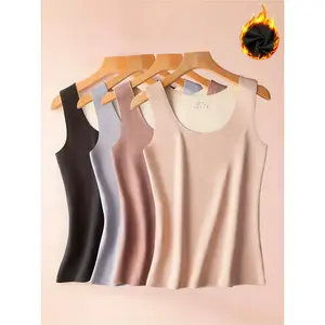 4pcs Women's Seamless Thermal Tank Tops - Soft Stretch Crew Neck Sleeveless Design, 4 Solid Colors (Black/Gray/Beige/Pink) - Comfortable Lingerie & Clothing for Cold Weather,, Lounge, Wear, Modern Undergarment, Smooth Texture Fabric