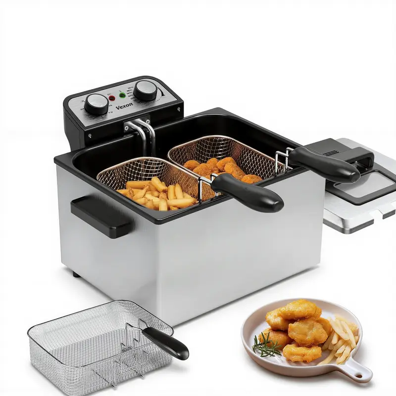 VEXON Durable Stainless Steel 5L High-Heat Deep Fryer - 3 Baskets, 1800W, 21-Cup Capacity, 120V Plug, Oil Tank, Heat-Insulated Handles, Quick Wipe-Clean Body, Viewing Lid, No Splashes, for Family Meals, Home Cooking, Cooking Made Easy