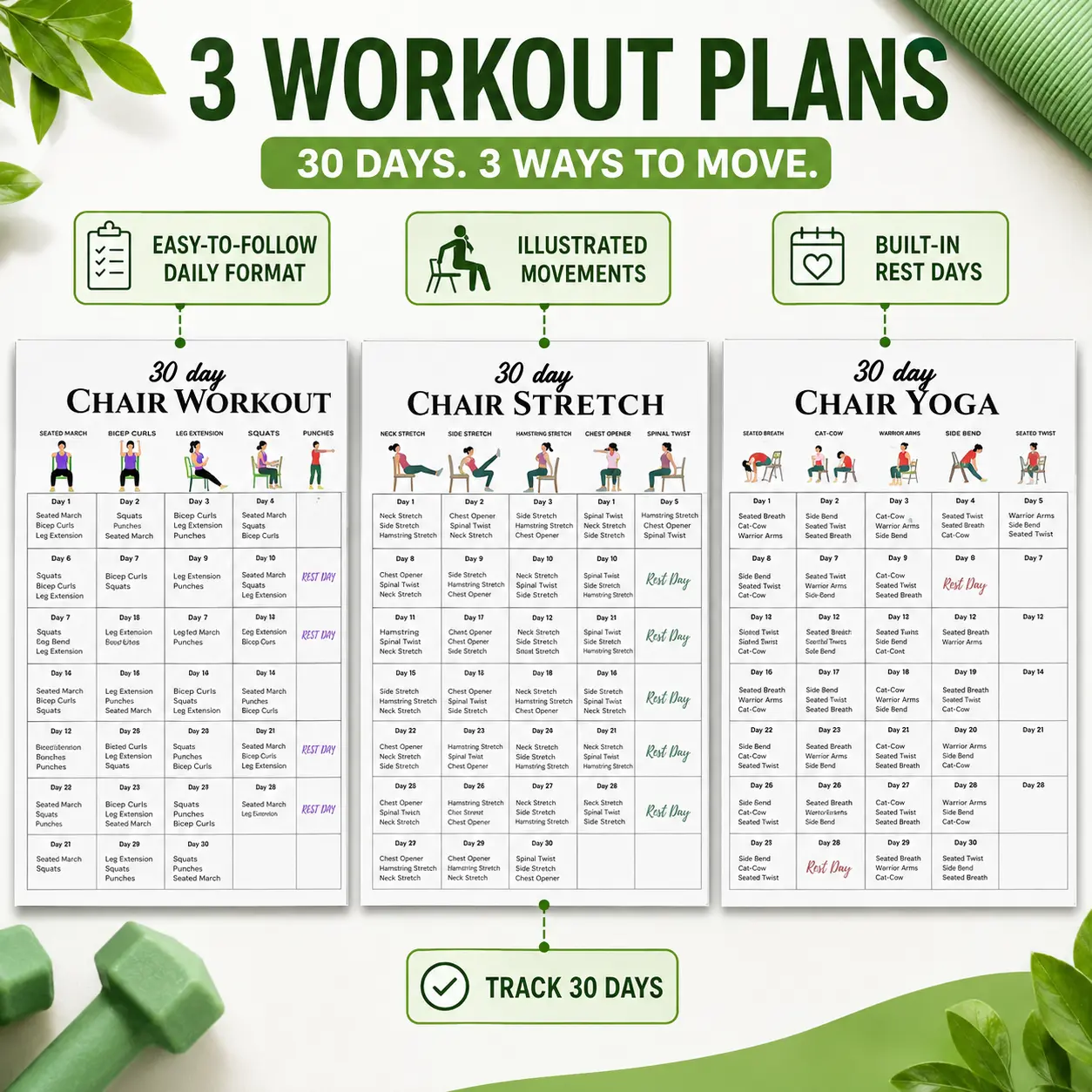 3-Pack 30-Day Chair Exercise Workout Plans, Chair Workout, Stretch & Yoga Illustrated Fitness Charts for Home, Office and Beginners