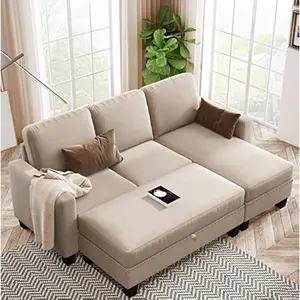 L-Shaped Reversible Sectional Couch with Storage Ottoman, Sofa with Chaise, Nailheaded Textured Fabric, Warm Grey