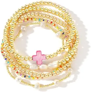 14K Gold Pearl Beaded Cross Bracelets Stack Set for Women,Stretch Boho Colorful Christian Beads Ball Jewelry Trendy Gift