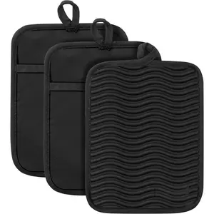 Pot Holders for Kitchen, Set of 3, Heat Resistant to 500?F, Non-Slip Wave Texture with Pocket &  Loop, 7" x 9" Hot Pads for Cooking, Baking & Counter Protection (Black)