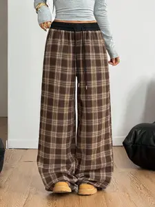 Vintage Loose Plaid Check Mid-Waist Tie Waist Casual Wide Leg Pants, Comfortable and Stylish Bottoms for Everyday Wear
