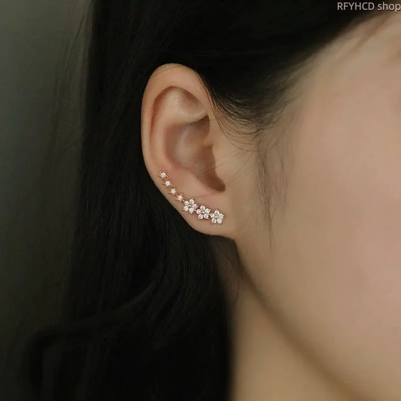 Flower CZ Ear Climber Earrings, Silver-Tone Crystal Flower Ear Cuff, Elegant Crawler Earrings for Women, Wedding & Prom Jewelry