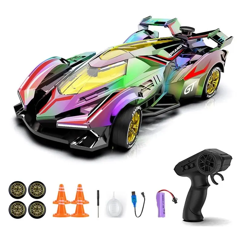 Cool Holographic Drift Remote Control Car, RC Stunt Cars, Spray Light Stunts, High-Speed Racing, Fast RC Car, Boy Birthday Gift, Includes Spare Tires & Road Blocks, Remote Controlled Car