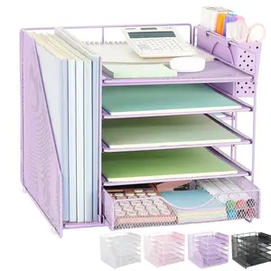 Desk Organizer with Drawer and Pen Holder, 5-Tier Paper Letter Tray W/ File Holder For Workspace Office Supplies Storage