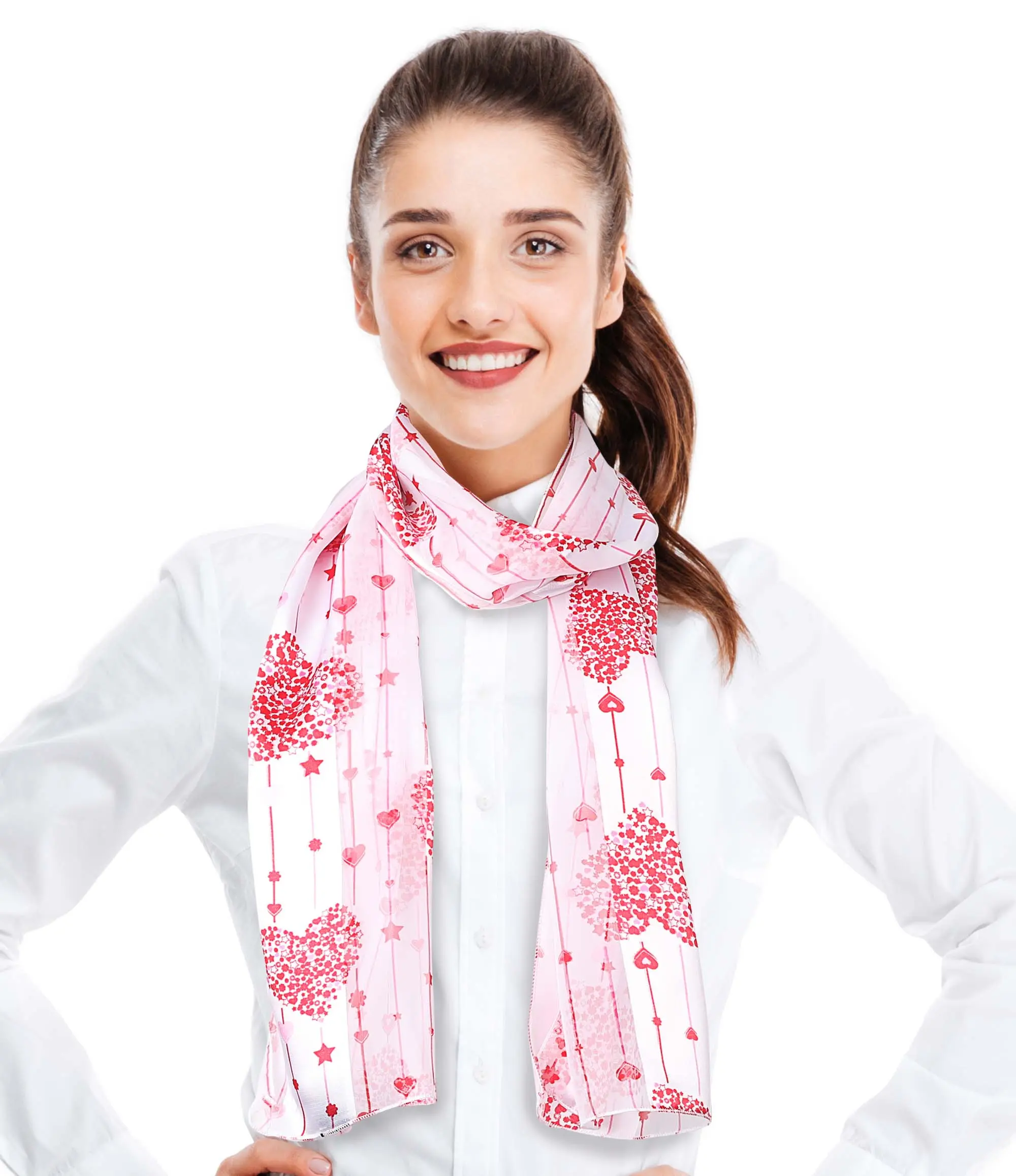CBC Crown Women's Lightweight 13x60in Polyester Silk-Feel Heart Pattern Rectangular Scarf, White, Hand-Wash All-Season Fashion Accessory for Valentine & Everyday Occasions