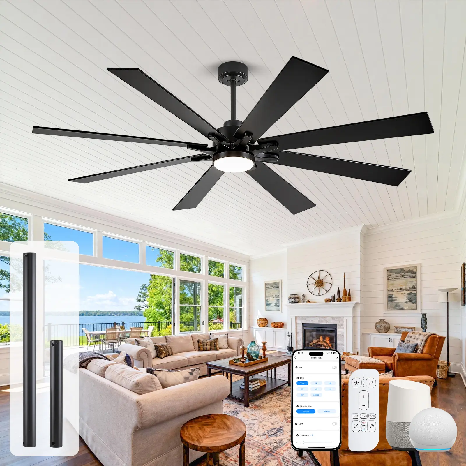 62-72in Modern Industrial Smart Ceiling Fan with LED Light, Remote/APP/Voice Control, Quiet Reversible DC Motor, 5-CCT Dimmable 8 Blades, Adjustable LED Cooling Ceiling Fans for Patios, Bedrooms, Home Decoration, Led Light Fan