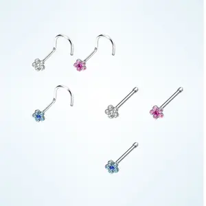 Flower shape nose stud, 20g nose ring, screw shape, nose bone, nostril jewelry pink blue clear