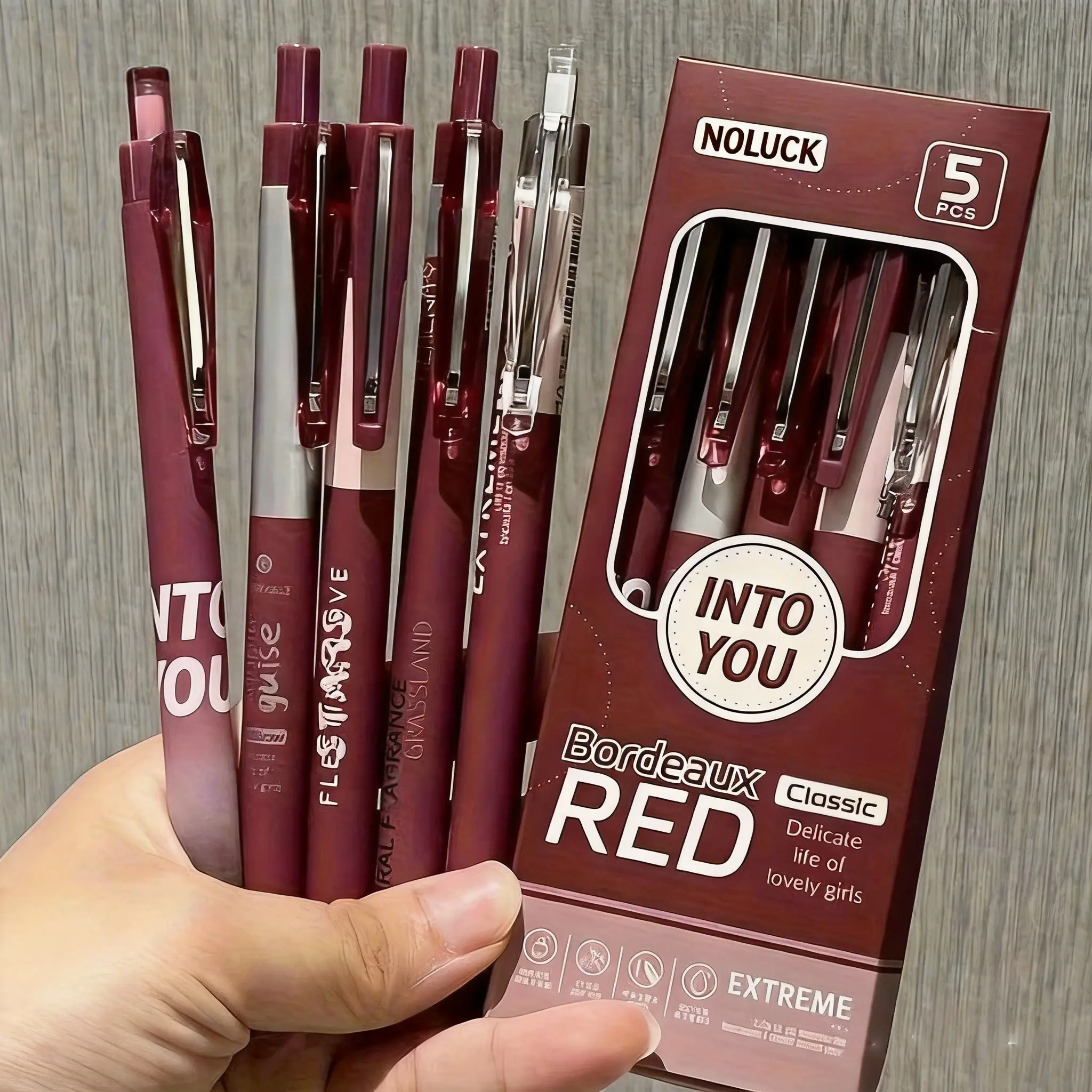 NOLUCK 5-Pack Vintage Bordeaux Red Colored Gel Pen Set - 0.5mm Black Ink, Soft Grip, Smooth Writing, Durable Plastic Build, Ideal for Office & Daily Use, Mother's Day Gifts for Girlfriend, Daughter (Office Stationery), Colored Gel Pens, Pen Kit