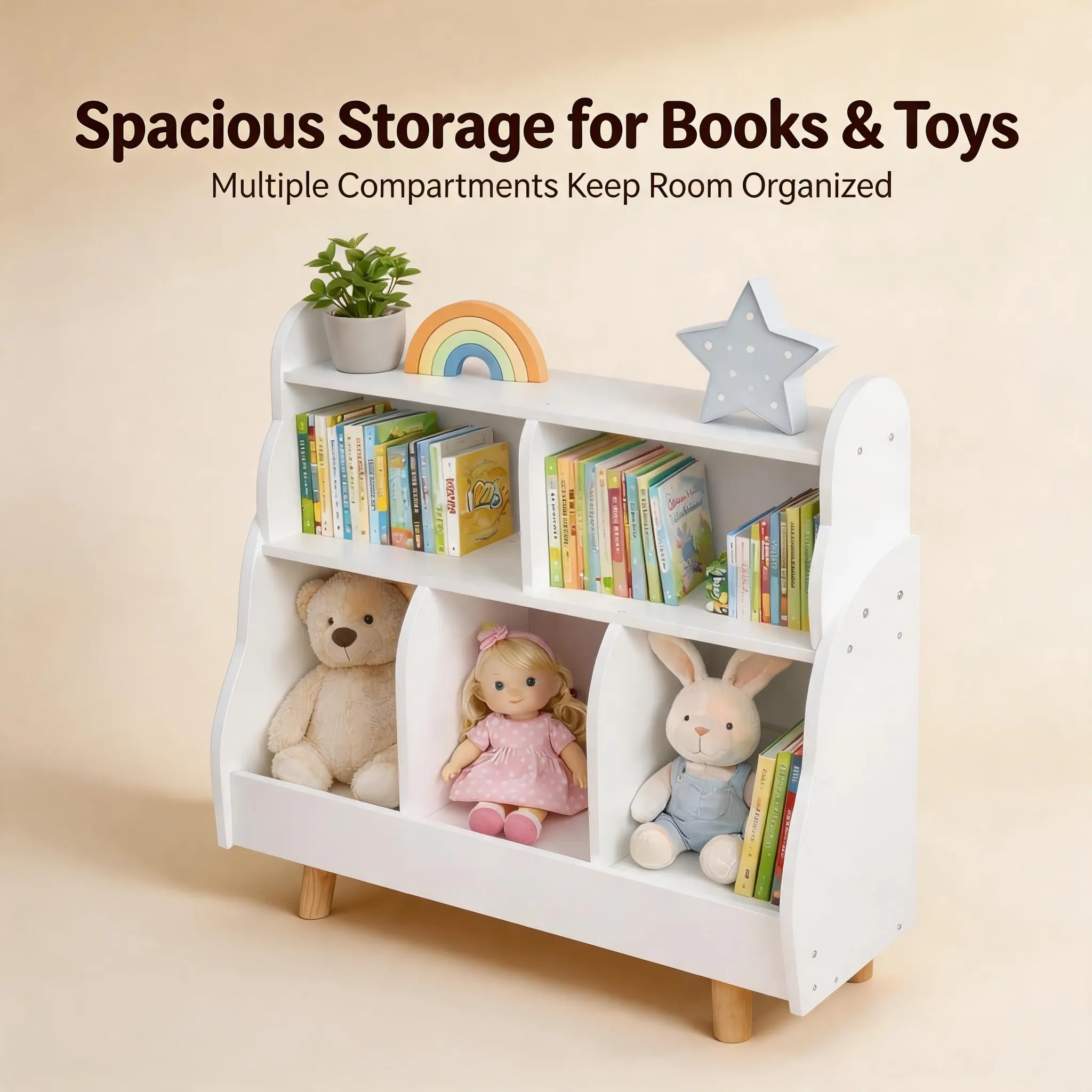 Picture Book & Toy Organizer, Wooden Kids Bookshelf with Storage Cubbies, Sturdy Nursery Furniture for Playroom & Bedroom, CPC Certified, White