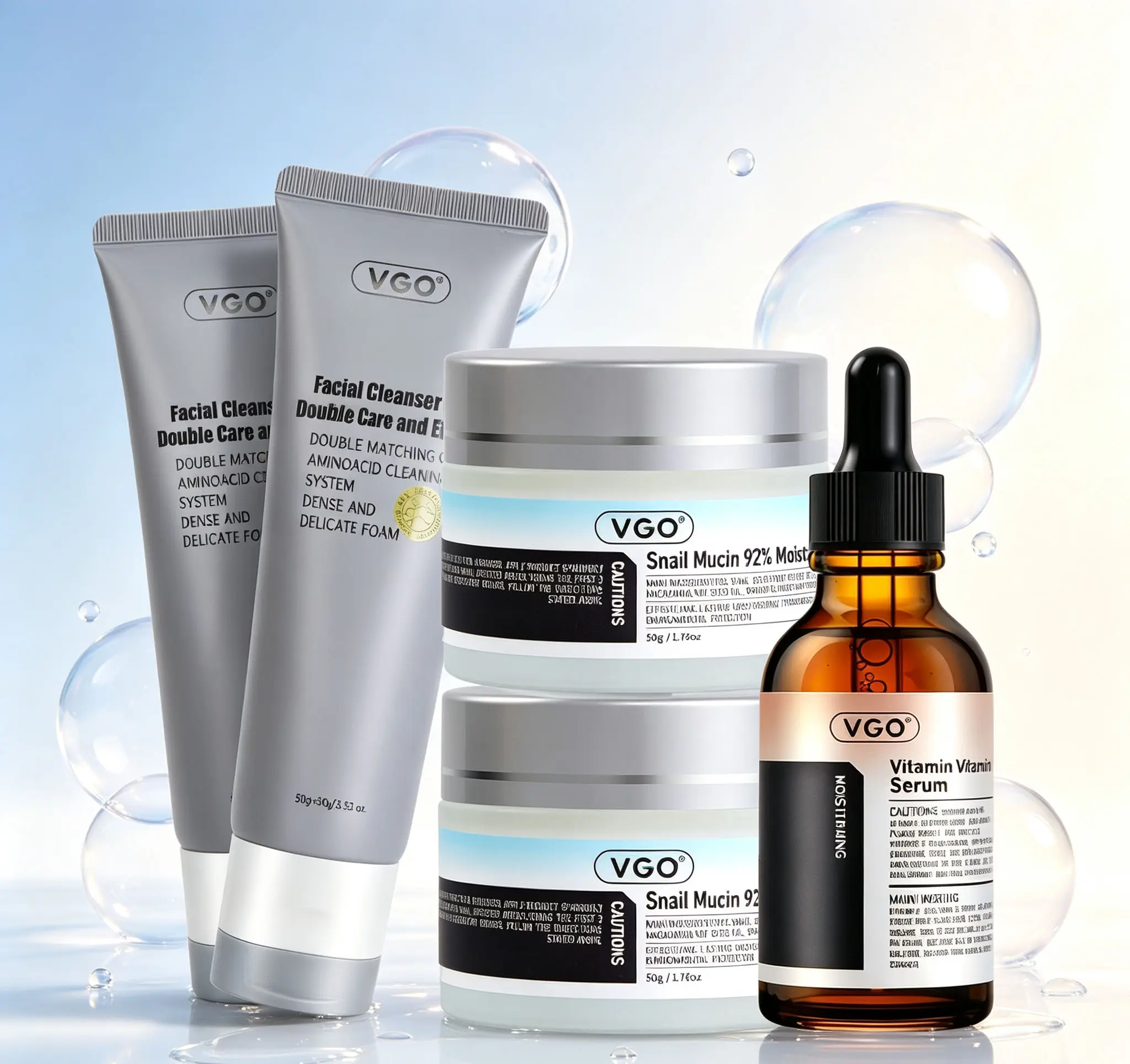 VGO 3-Step Skincare Set with Fresh Charcoal Cleanser, Brightening Vitamin C Serum & Snail Mucin Repair Cream for All Skin Types, Three Steps