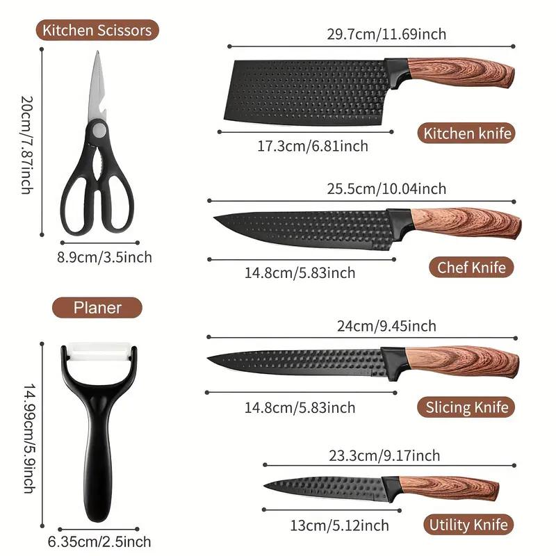 6-Piece Black Diamond Texture Kitchen Knife Set with Wooden Handle | Ultra Sharp Stainless Steel Chef Knives, Cleaver, Scissors & Peeler, Non-Stick Coating, Ideal for Home Cooking & Gifts