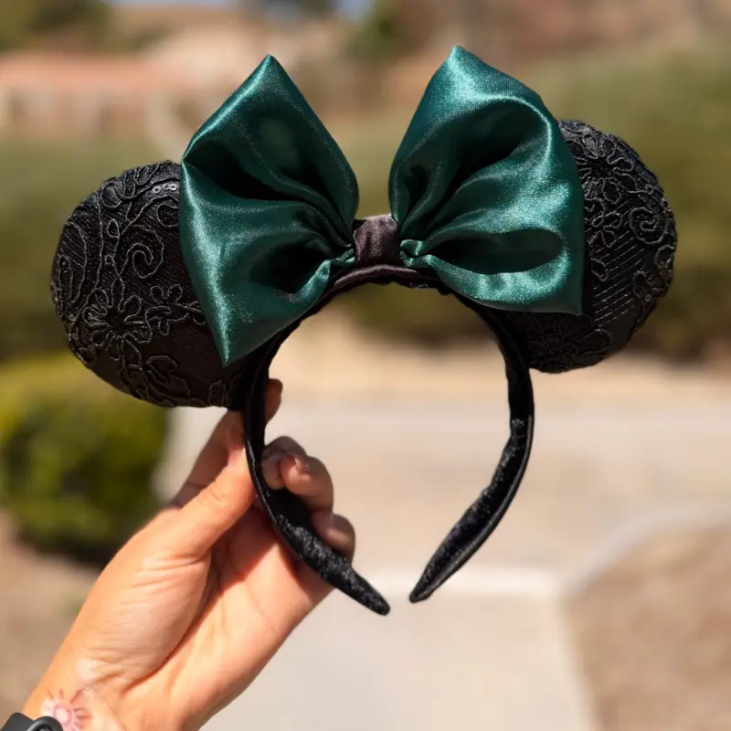 Black Lace Mouse Ears | Hunter Green Bow Headband, Theme Park Accessory
