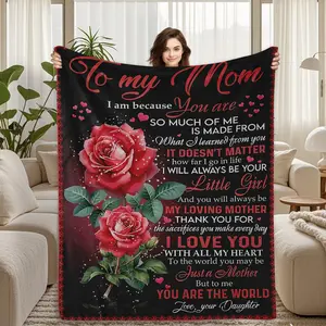 Flannel Blanket TO MY MOM with Heartfelt "I am because You are" "YOU ARE THE WORLD" Quotes and Red Roses, Perfect Mothers Day Gift from Daughter Son for Sofa Nap All Year Soft Cozy