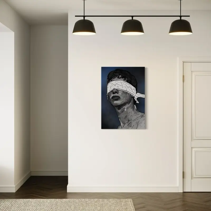 Blinded Youth Hand Drawing Printed on Canvas - Limited Edition Framed Canvas 24x36, Giclée Fine Art Printing, White Border, Black Wood Frame Decor