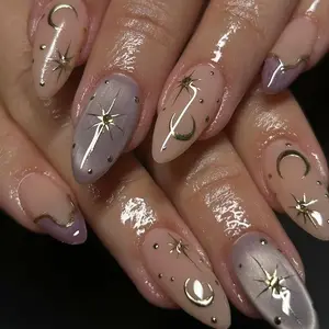 Moon Star Press On Nails | Celestial Nude Purple Almond Reusable Nails