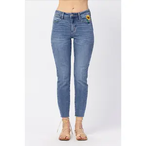 Judy Blue Sunflower Embroidered Girlfriend Jeans