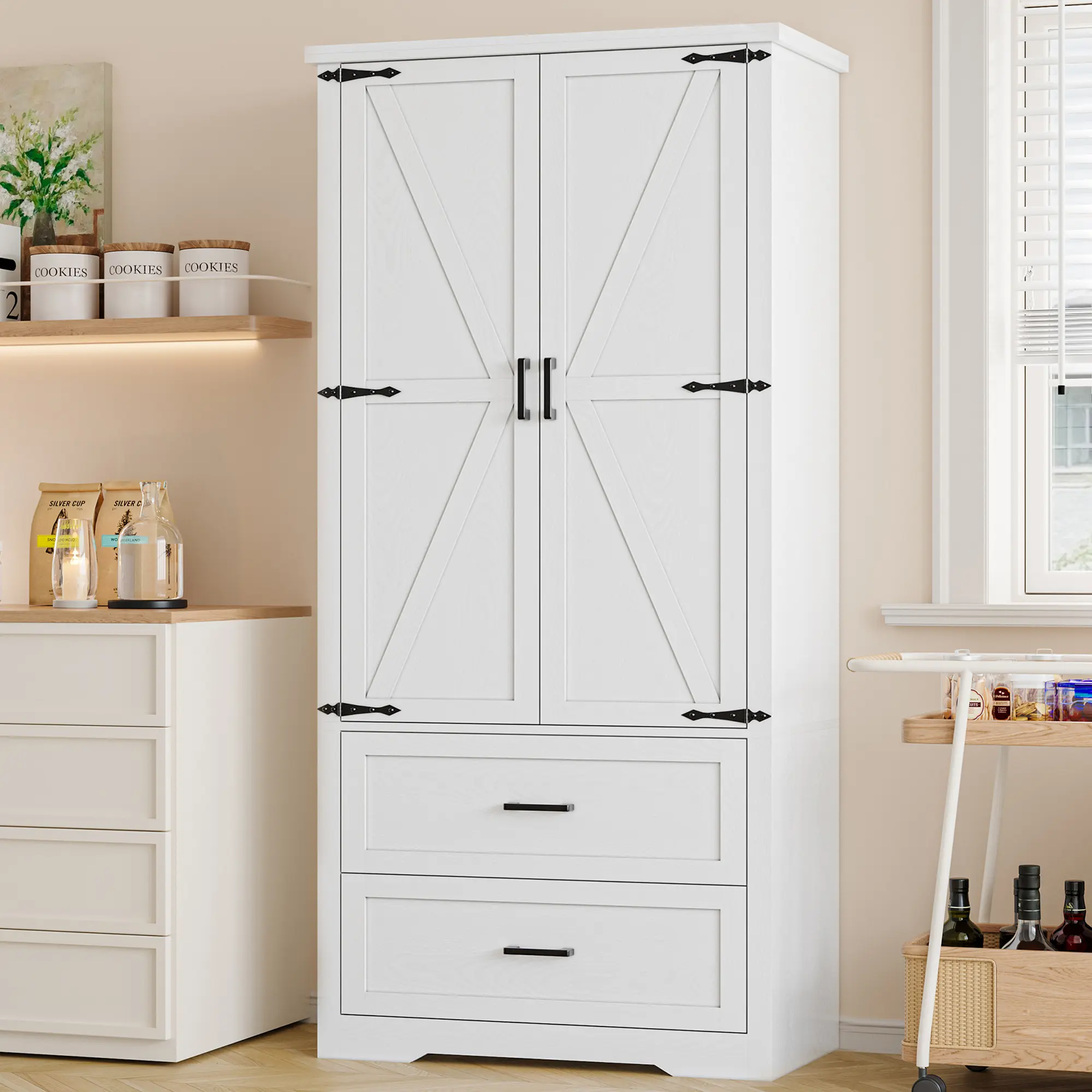 Pantry Organizers and Storage Cabinet, 71” Barn Door White Kitchen Cabinet with Drawers and Adjustable Shelf, Tall Pantry for Kitchen, Dining Room, Living Room. Bathroom and Office fathers day gift ideas
