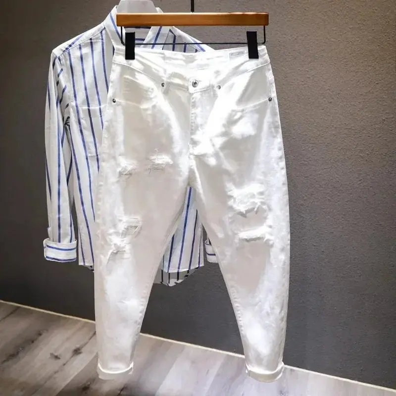 Men's Ripped Distressed Denim Harem Jeans - Stretch Fabric, Plain Korean Wide Leg, Comfortable All-Match Streetwear Trousers, Multi-Size, Loose Fit, Harem Cut, Casual, Solid, Wide-Leg Pants, Menswear, Loose Denim Jeans