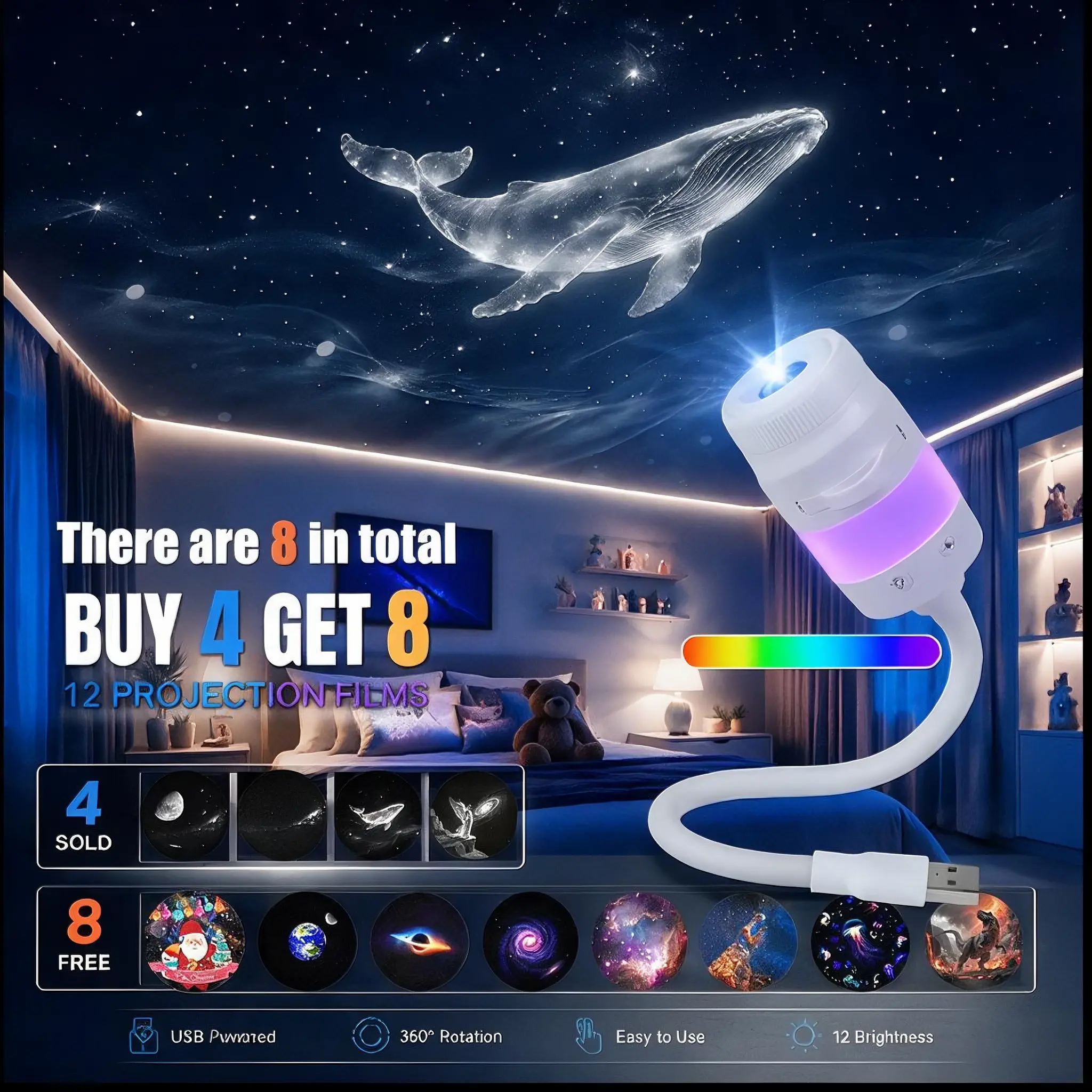 Galaxy Projector, 2-in-1 Starry Sky Projector & Night Light with 12 Replaceable Slides, RGB Color Soft Bedside Ambient Light, Flexible Gooseneck USB Portable for Bedroom Ceiling Decor, Romantic Gift for Kids Teens Adults Family
