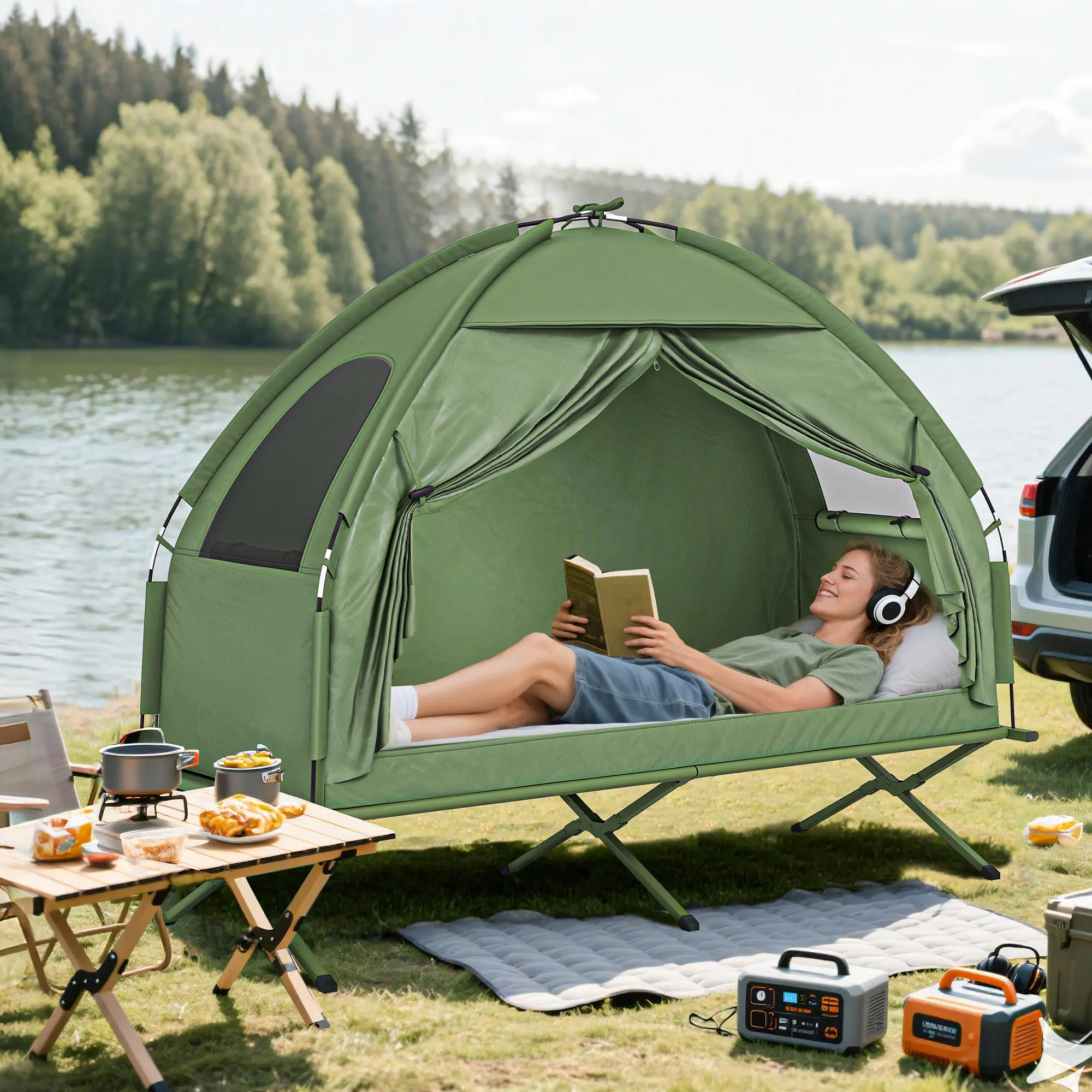 Single Person Camping Tent-Cot Combo - Elevated Sleep Folding Cot with 225 lbs Steel Legs, 190T Polyester Oxford Fabric, Portable Carry Bag, Minimal Components, Covered Tent Shelter for Fair Weather Hiking,Camping
