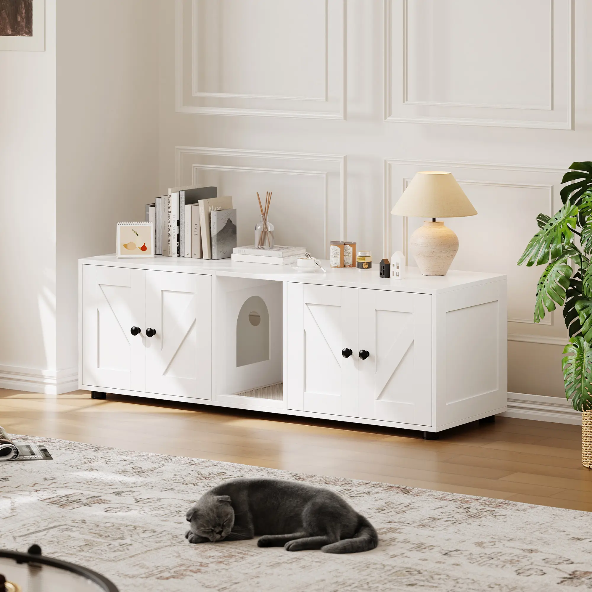 Modern Double Cat Litter Box Enclosure - Hidden TV Stand & Decorative Side Table for 2 Cats - Elegant Front Entry Furniture Cabinet & Indoor Cat House