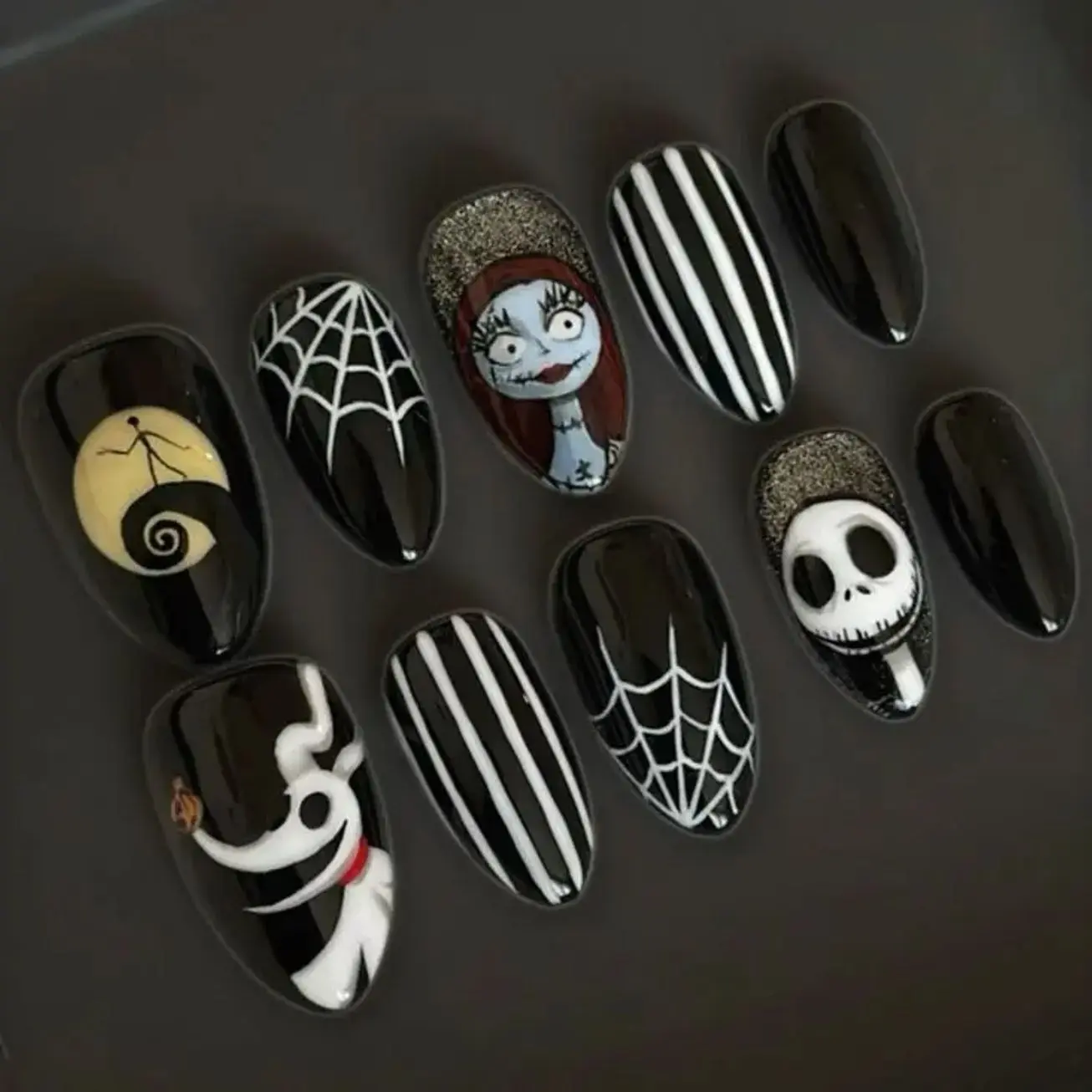 Aghoster Ebriden Inspired Nightmare Before Christmas Press On Nails | Ejacker Tsallyth Halloween Gothic Nail Set, Hand-Painted Black & White Nail Art |FREE Adhesive Tabs  Nail File Cuticle Stick