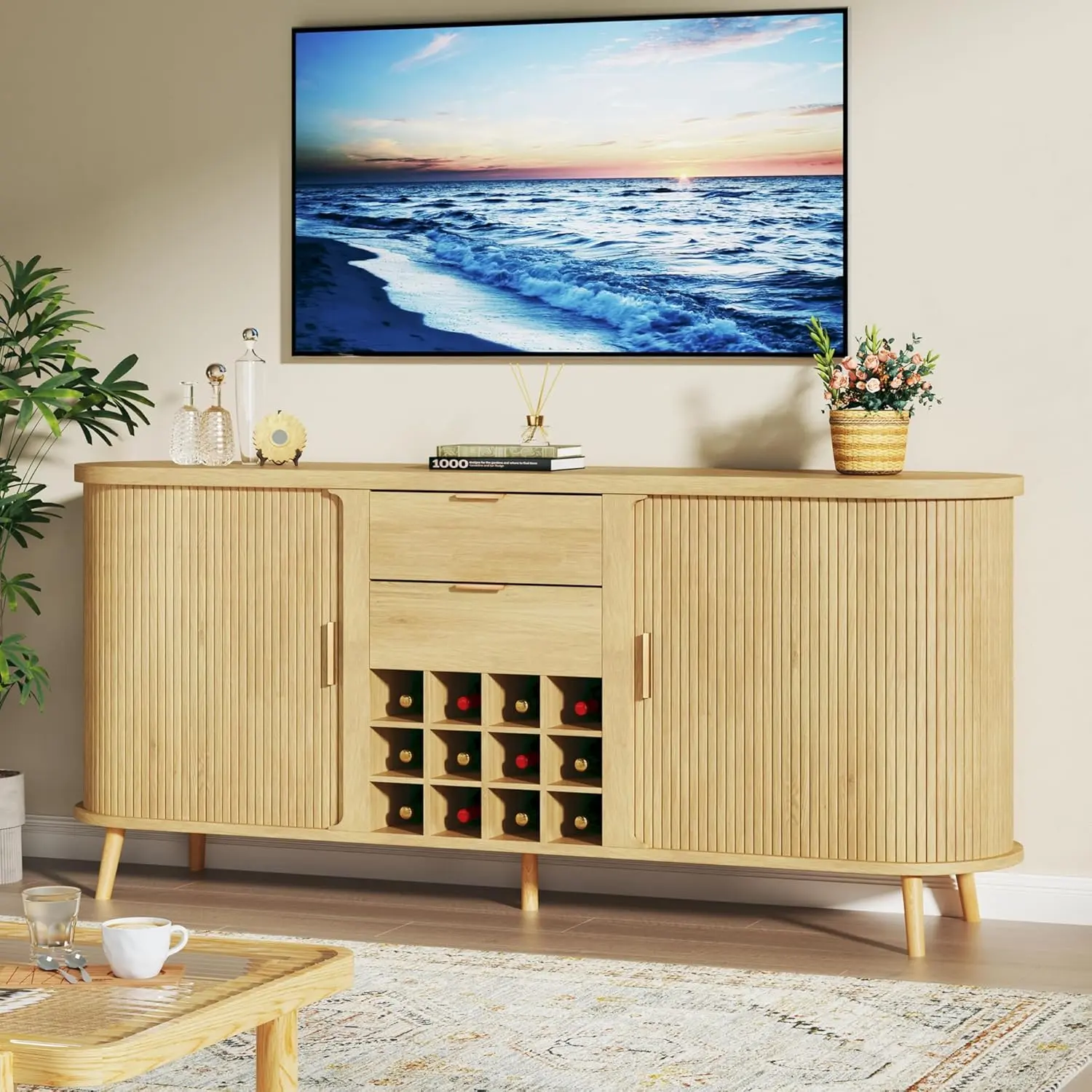 Mid Century Modern Sideboard Buffet Cabinet - 58" Fluted Doors, 12 Wine Slots, 2 Drawers, Adjustable Shelves, Metal Legs, Curved Edges, Oak Finish - Compact, Configurable, Dual-Purpose, Freestanding Wine Cabinets for Kitchen, Living Room, Compact Wine Cab