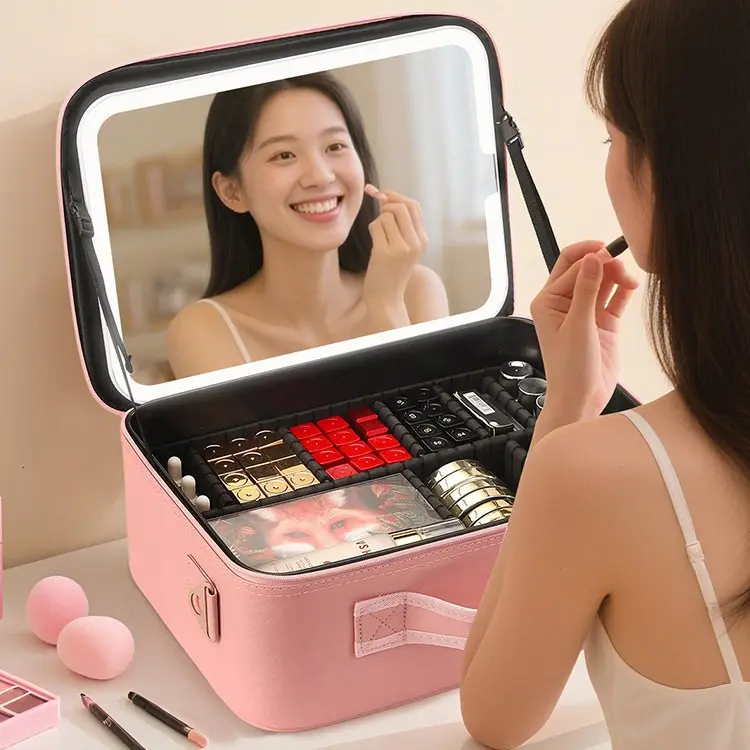 Internet Celebrity LED Makeup Case with Light and Mirror, Portable LED Makeup Bag with Large Capacity, Multifunctional Cosmetic Storage Organizer for Travel and Daily Use, Adjustable Light Makeup Box Internet Celebrity LED Makeup Case with Light and Mirror, Portable LED Makeup Bag with Large Capacity, Multifunctional Cosmetic Storage Organizer for Travel and Daily Use, Adjustable Light Makeup Box