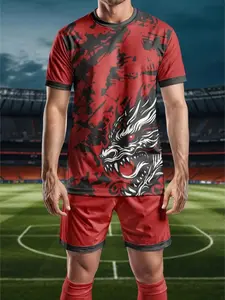 26 Newest Men's Short-Sleeved Shirt and Shorts Set, 3D Trendy Fashion Red Dragon Totem Print, Red and Black Gradient Football Jersey Set (2-piece set). Quick-drying and breathable fabric, suitable for football training, matches, and as a birthday gift.