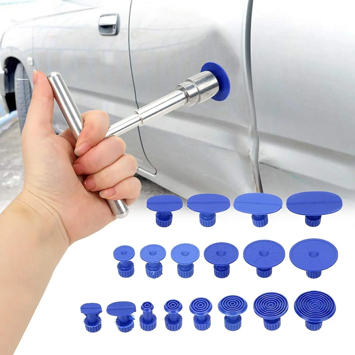100% Brand New Aluminium Alloy Short T-Bar Car Body Slide Hammer Set with 18pcs x Blue Glue Tabs, M10 Threads for Simple Mounting, Easy Installation Dent Puller, Automotive Maintenance Tools for Paintless Dent & Hail Repair