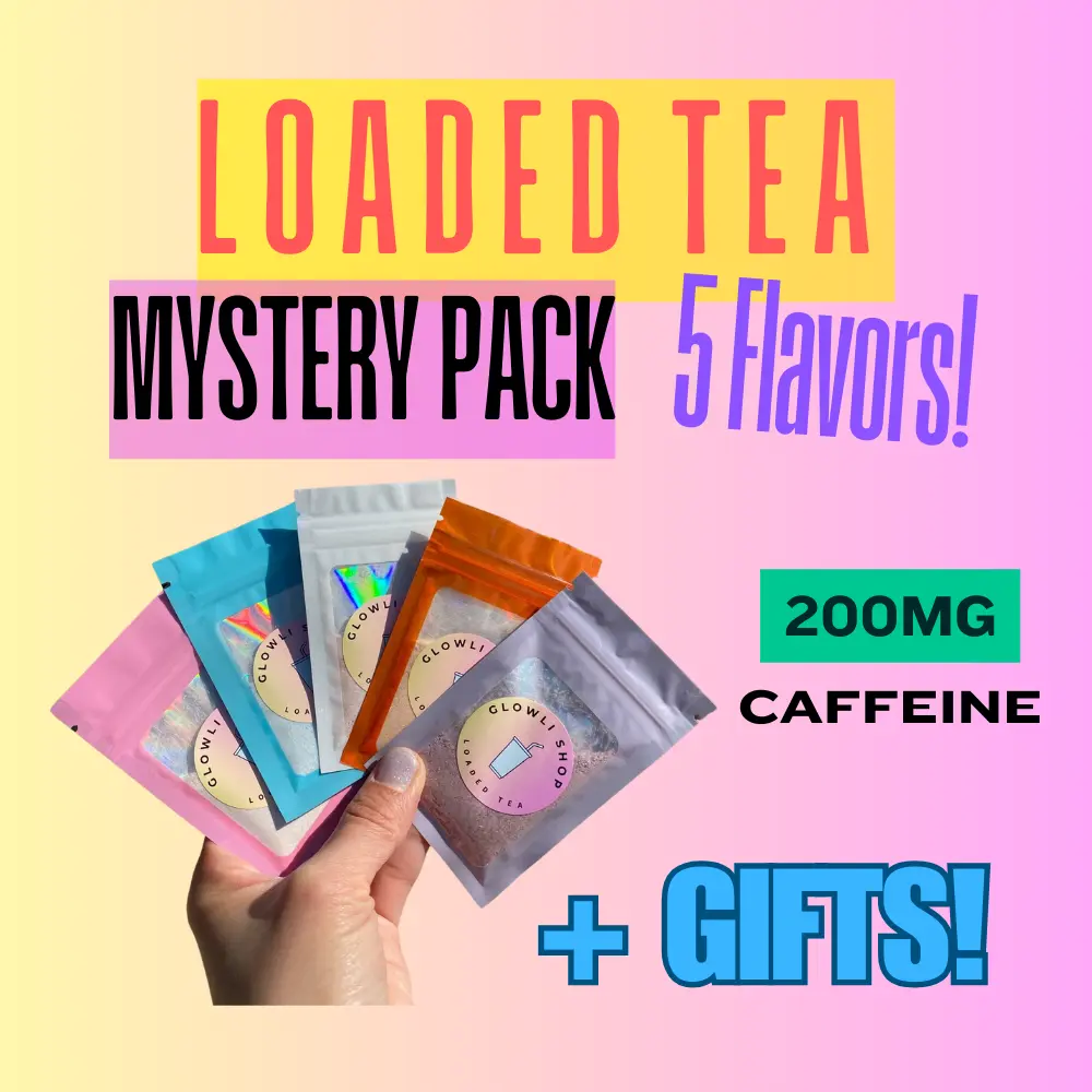 Loaded Tea - GlowLi MYSTERY - Pack of 5 Flavored 200 MG Caffeine Loaded Tea Drink Mix -  nutritional teas - vitamin energy powder - sugar free +++ GIFTS!
