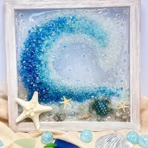 8x8” Framed Crushed Glass & Resin Beach Wave Artwork Wall Decor