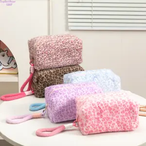 2026 New Large-Capacity Leopard Print Makeup Bag, Plush Fuzzy Portable Cosmetic Tote with Handle, Multi-Functional Soft Waterproof Toiletry Storage Pouch for Travel, Daily Beauty Use