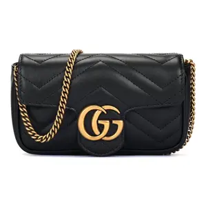 Pre-owned GUCCI Supermini Marmont Black & Gold Chain Bag