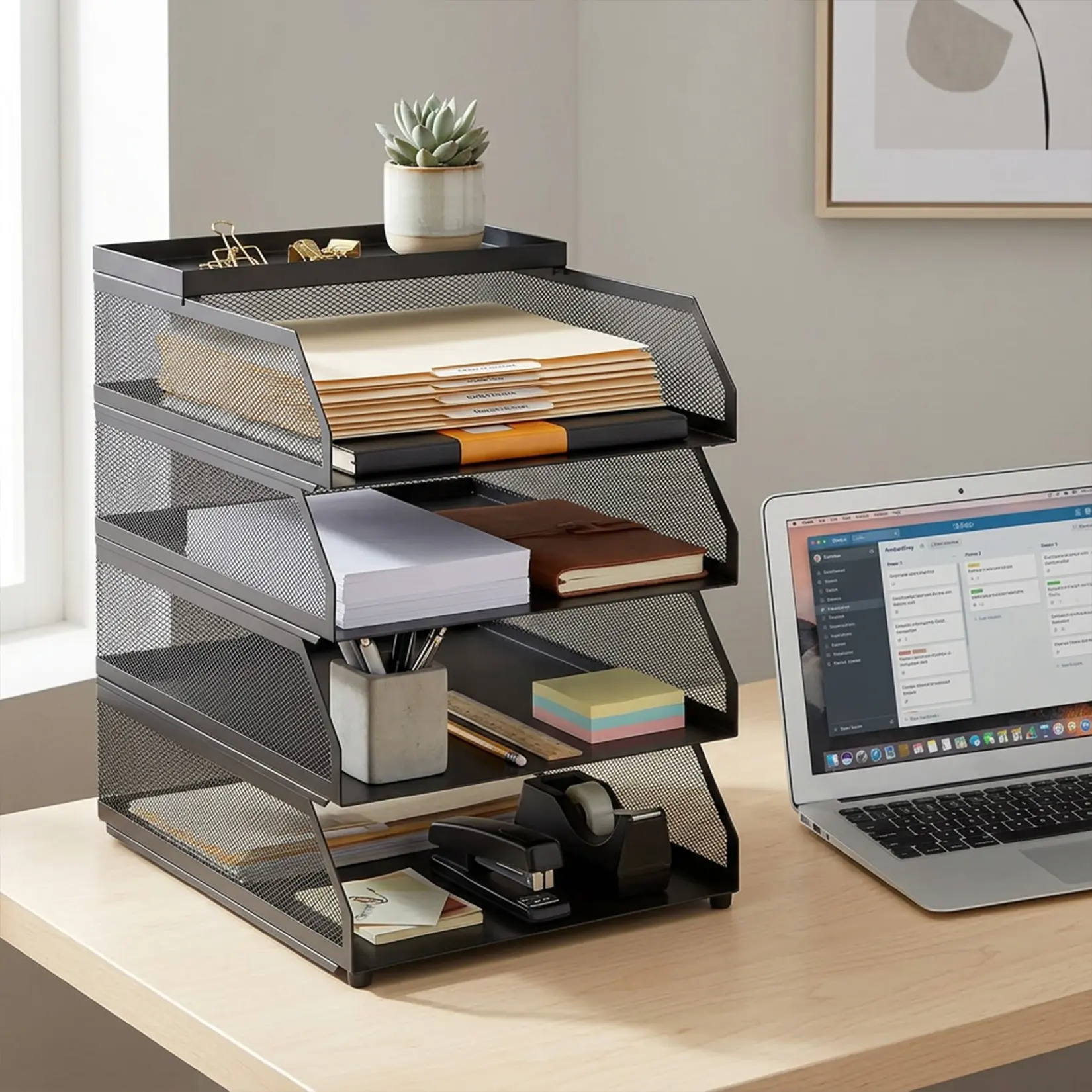 Space-Saving Stackable Mesh Desk Organizer – Black Metal Document Tray with Top Shelf, Slanted Letter & Folder Holder, Durable Mark-Resistant Expandable File Rack for Office Desktop Storage