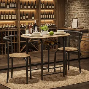 3 Piece Round Dining Table Set, Brown MDF Table with Metal Frame & Removable Storage Shelf, Curved Design Space-Saving Dining Furniture for Kitchen Dining Room Bar Breakfast Nook Home