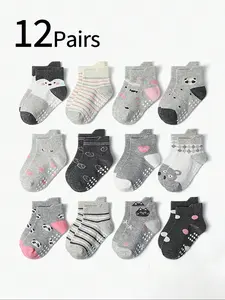 12 Pairs Kids Cartoon Anti-Slip Ankle Socks, Socks Set, Indoor Early Walking Cool Floor Socks, Short Socks for Boys and Girls Ages 1-12