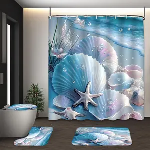LVRLVR 4Pcs Seashell Starfish Beach Print Coastal Serene Multi-Color Shower Curtain Set 70.8×70.8 Inch
