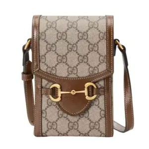 Pre-owned GUCCI monogram coated canvas Crossbody Bags GG Supreme Monogram Mini Horsebit 1955 Crossbody Bag Beige Brown Sugar 4000005787308