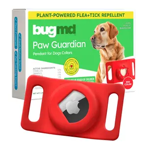BugMD Paw Guardian Flea and Tick Prevention Pendant for Dogs with AirTag Holder | Plant-Powered Flea & Tick Control for Dog Collars & Harnesses | Dog Tag with Air Tag Holder - Red