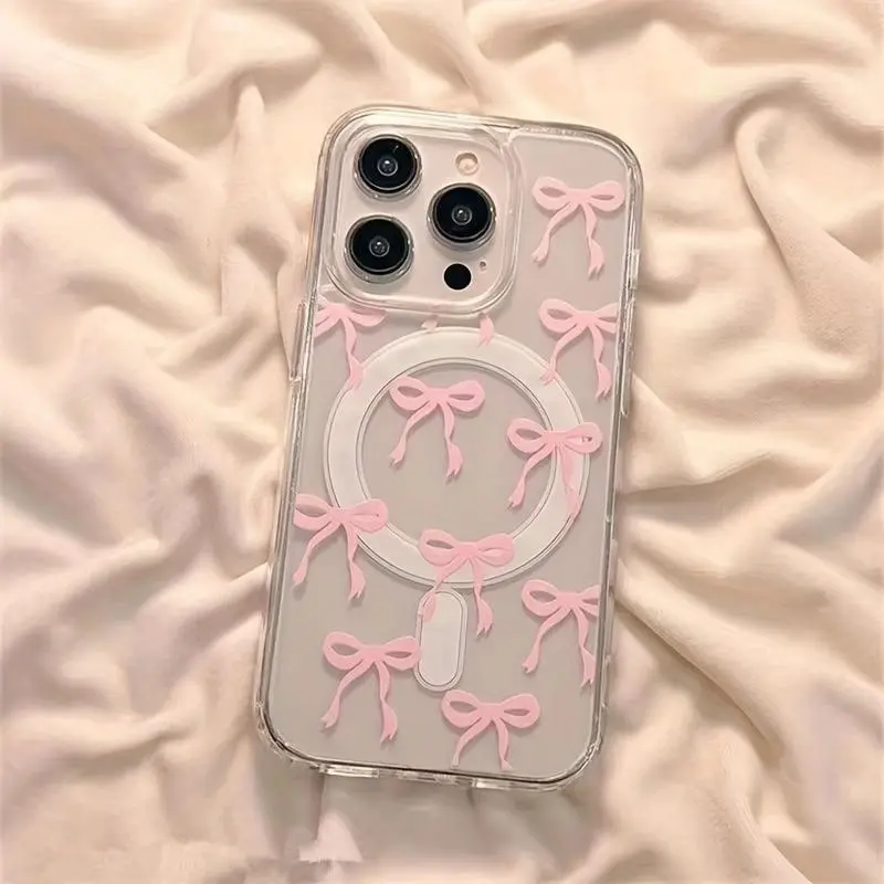 Girly Bow Skin-Feel Compatible with iPhone 16 15 Pro Max Plus 14 13 12 mini 11 X XR XS Beautiful Gift Durable shockproof Anti-Scratch PC Protective Case Design Offers Shockproof Supports Magnetic Wireless Charging, Accessories, Smartphone, Silicone, Prote