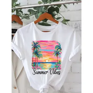 Women'S Casual Short Sleeve Round Neck T-Shirt - Vibrant Sunset Tropical Beach Palm Tree Pattern, Printed With "Summer Vibes" Text, Breathable And Machine Washable, Suitable For Spring And Summer, Beach T-Shirt, Loose Fit Shirt, Soft Fabric Top