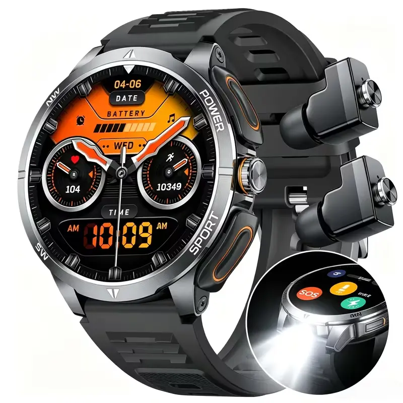 Men's Outdoor Smartwatch (Built-in Earbuds, Compass, GPS), Outdoor Watch with LED Flashlight, 1.7-inch Display, 100+ Sports Modes, Sleep Monitoring, Touchscreen, Alarm Function, Smartphone Connectivity, Compatible with iPhone/Android.