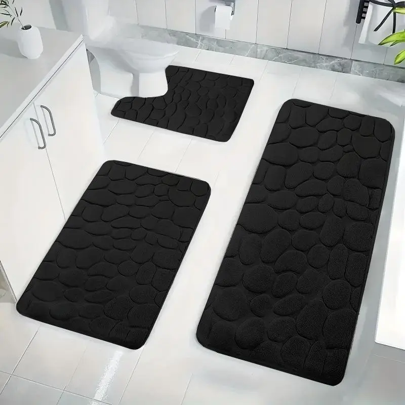 Modern Black Rectangle 3-Piece Combo Bath Mats Set - 50/60/80cm Sizes, Sleek Finish, Coordinated Stylish Look for Indoor Bath Rugs & Bathroom Decor