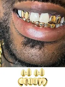3Pcs Men's Top & Bottom Tooth Set, Hip-Hop Fashion Jewelry, Polished Design, 14k Gold Plated Copper Material, Men's Teeth Grill Accessories