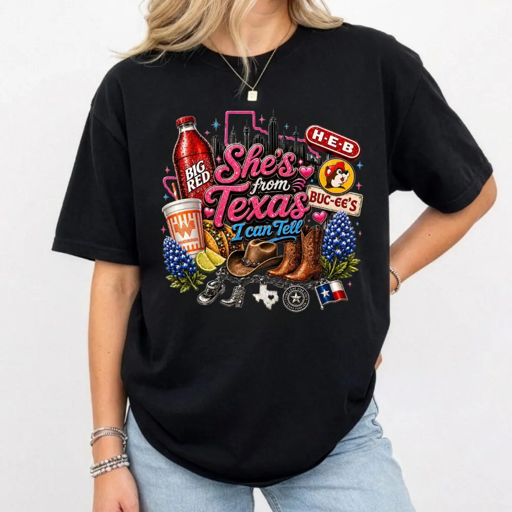 She's From Texas I Can Tell Big Red Pink T-Shirt, Texas Girl Western Shirt, Southern Cowgirl Shirt Design, Texas Pride Tee, Gift For Her