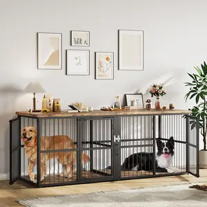 Extra Large Double Dog Crate Furniture for 2 Dogs, 86.6" XXL Indoor Dog Kennel with Removable Divider & 3 Doors, Wooden Dog House Table Sideboard TV Stand for Large Dogs, Heavy Duty Metal & Wood Pet Crate Furniture Grey/Black