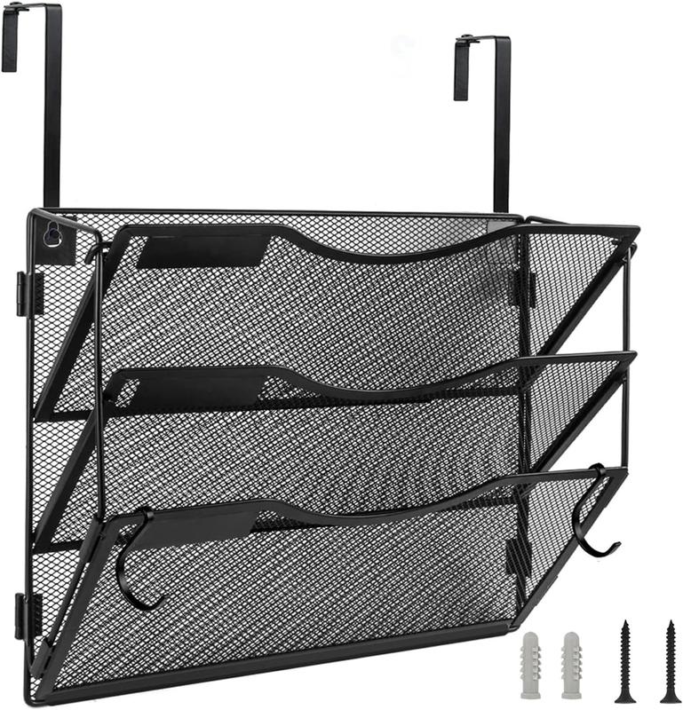 Wall File Organizer 3/5 Pockets, Mail Organizer, Hanging Folder Holder, Foldable | Hanging or Wall Mounted | Label Panel | 2 Hooks | Office Home School Organizer, Black
